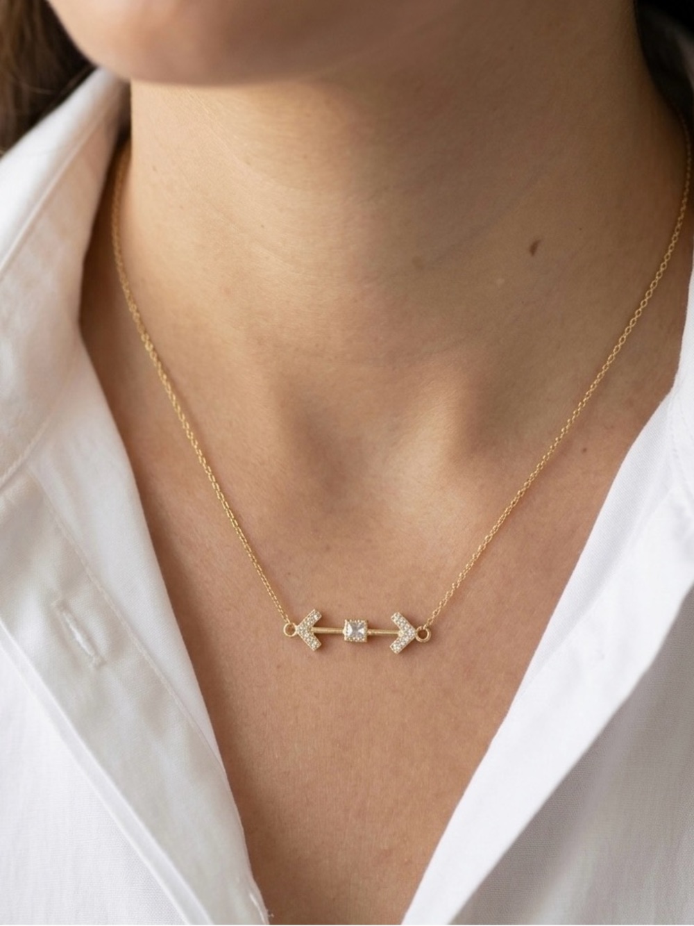 14K Gold Plated Arrow Pendant Necklace | CZ Square Crystal Dainty Jewelry